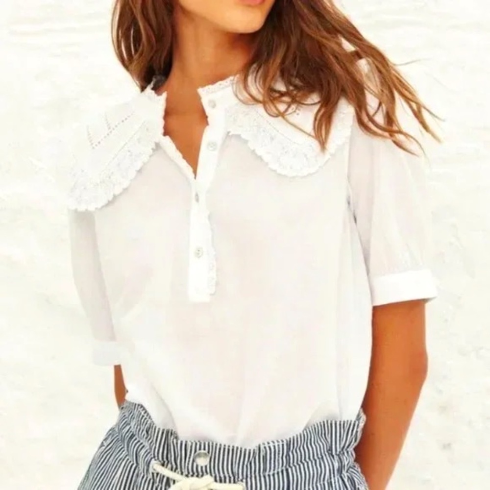 BA&SH TOP ISEUT WHITE RUFFLE BLOUSE – WHITE, SIZE 2 (MEDIUM)